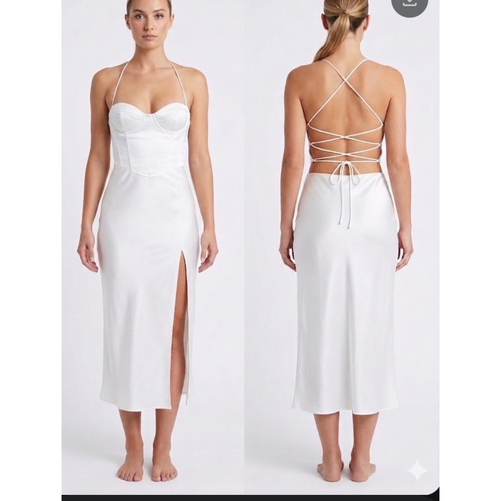 Zara White Satin Corset Maxi Dress Lace Up Back High Slit XS Bridal Old Money